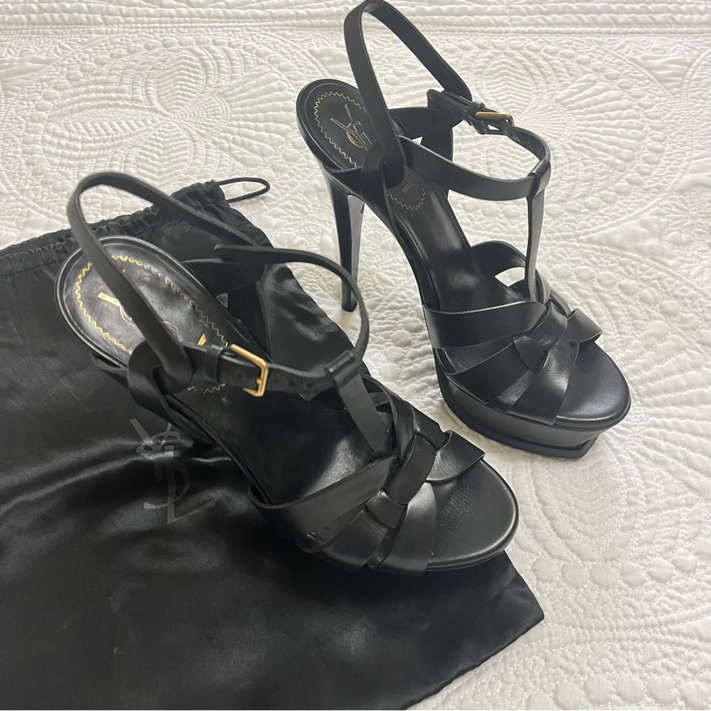 YVES SAINT LAURENT Tribute Heel Sandals Black Patent Leather 130mm Size 37.5 - Picture 2 of 12